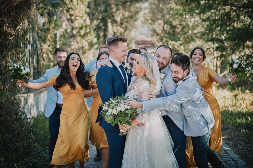 Birde and groom with wedding party