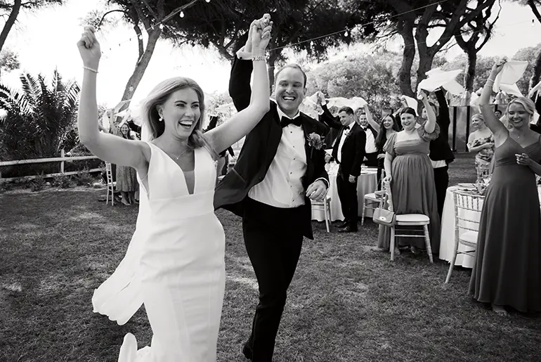 Candid documentary wedding photography in the Algarve capturing authentic moments and guest reactions